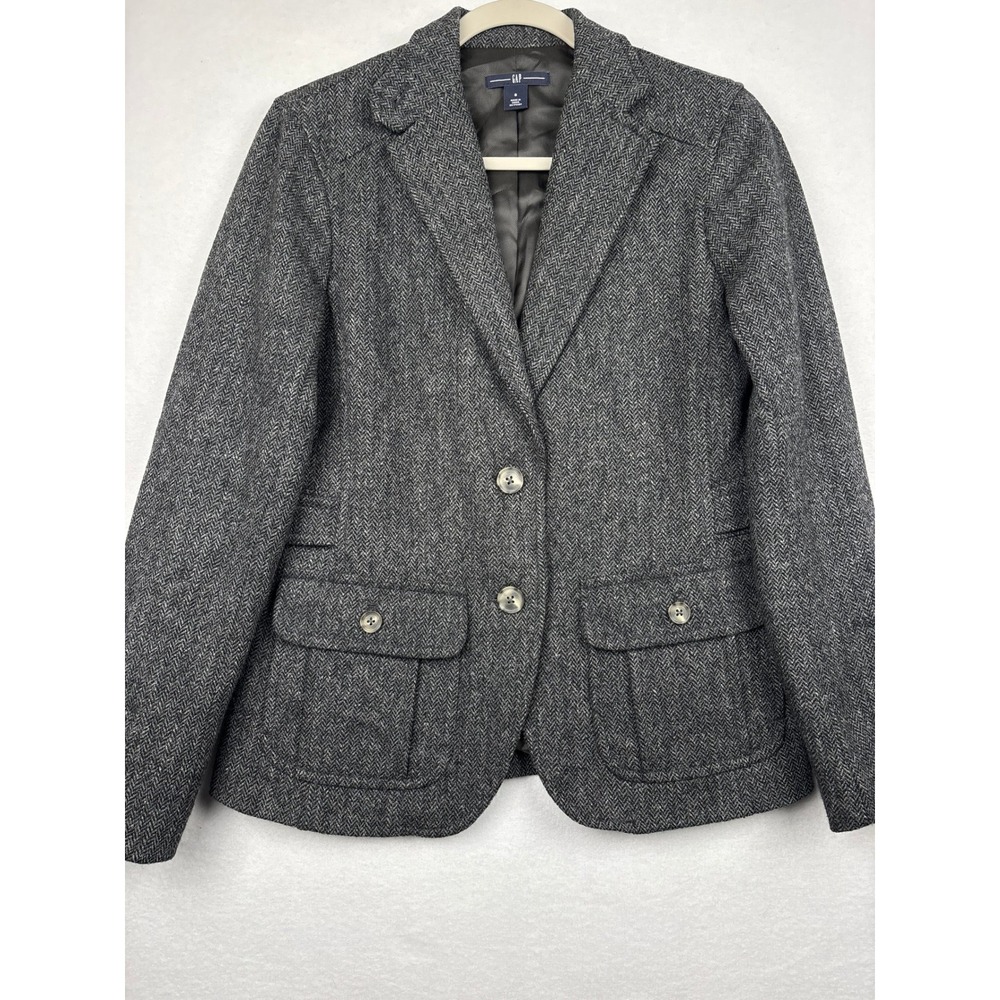 Gap Wool Blazer Womens 8 Herringbone Tweed Two Button Tailored Jacket